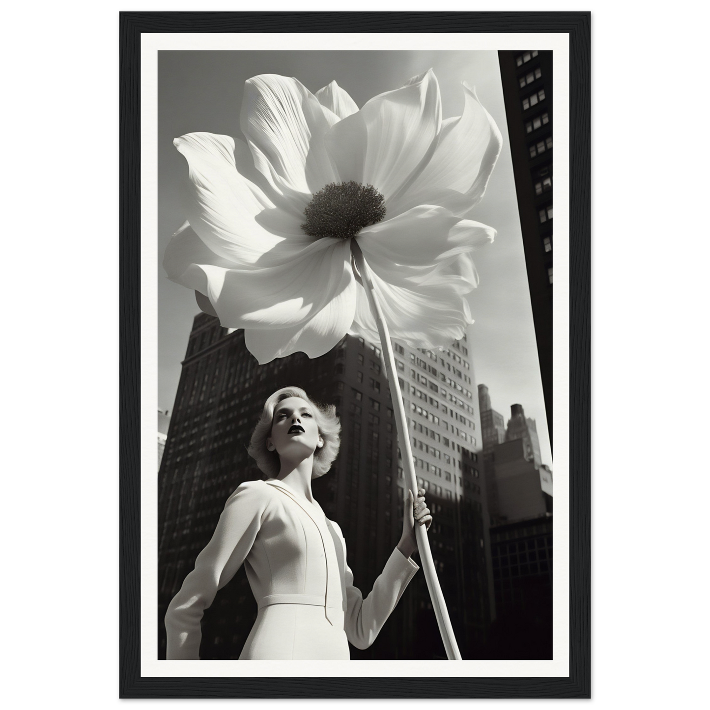 A black and white photo of a woman holding a large flower