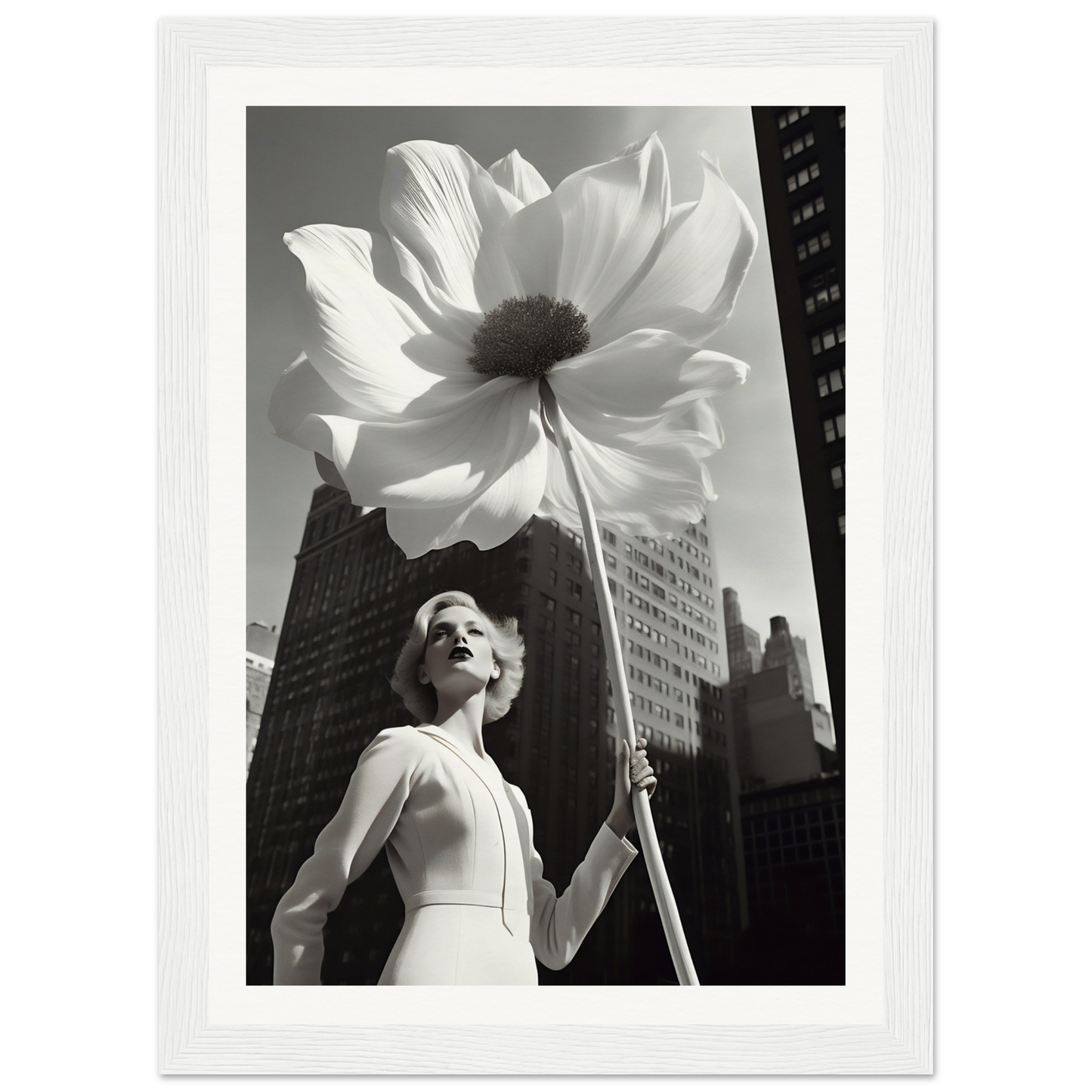 A black and white photo of a woman holding a large flower