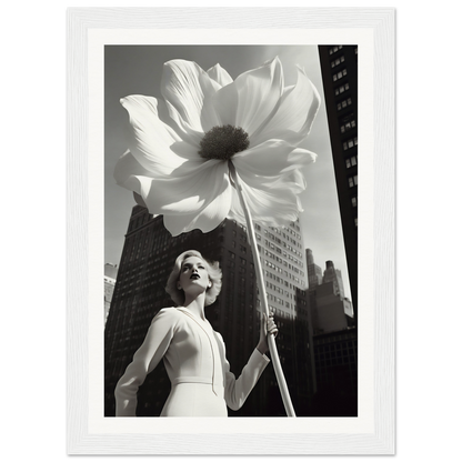 A black and white photo of a woman holding a large flower