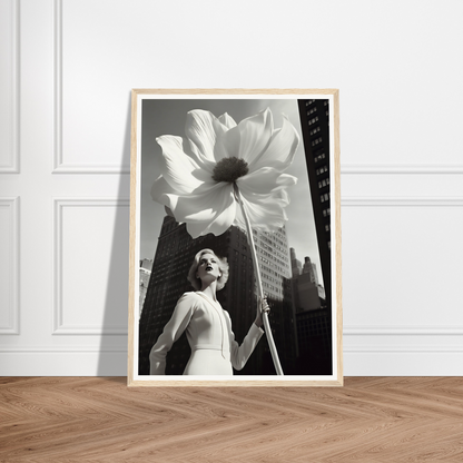 A black and white photo of a woman holding a large white flower