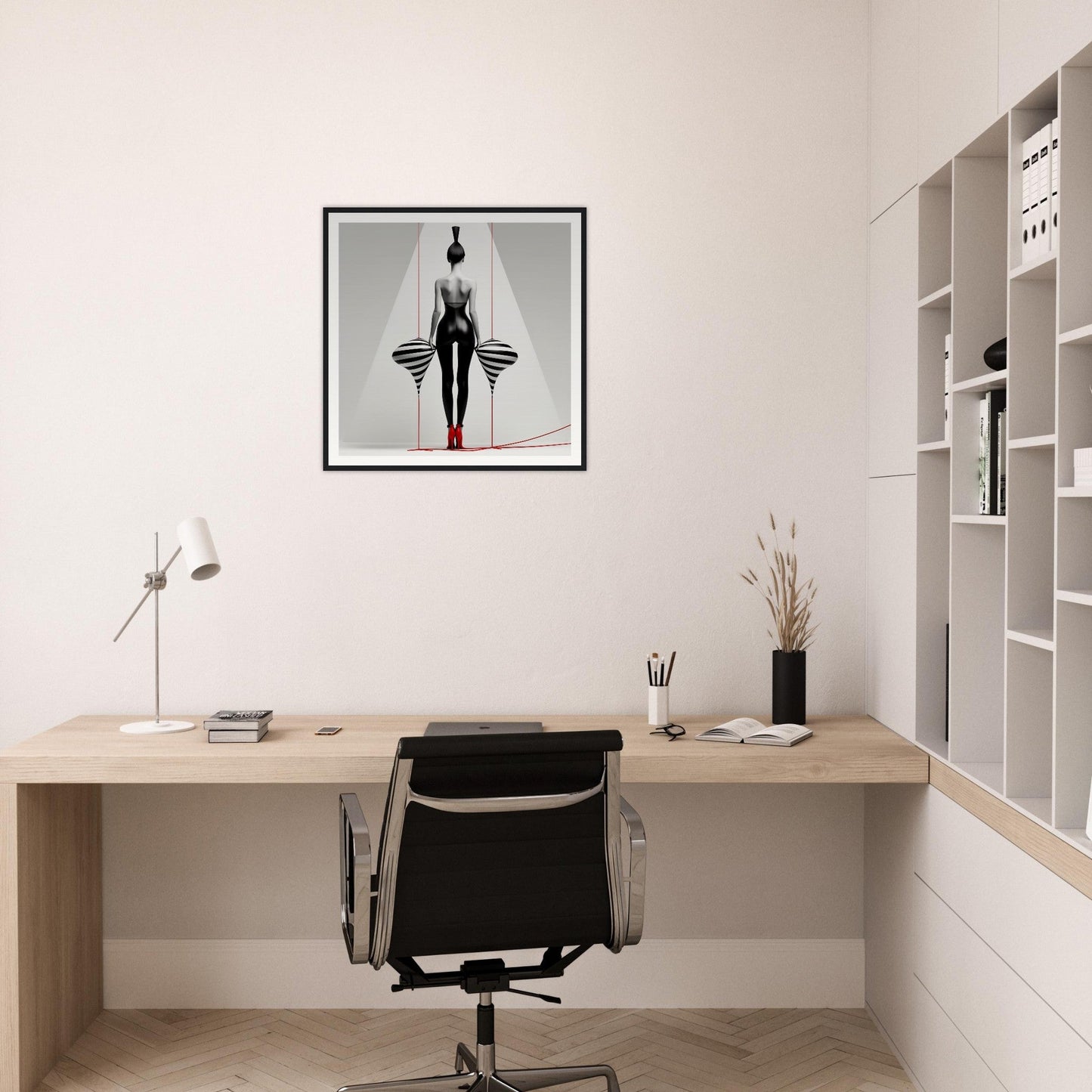 A black and white photo of a woman in a red dress on a wall above a desk