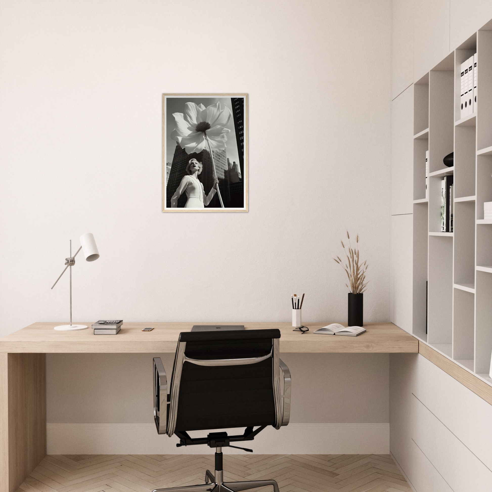 A black and white photo of a woman in a dress sitting on a chair in an office