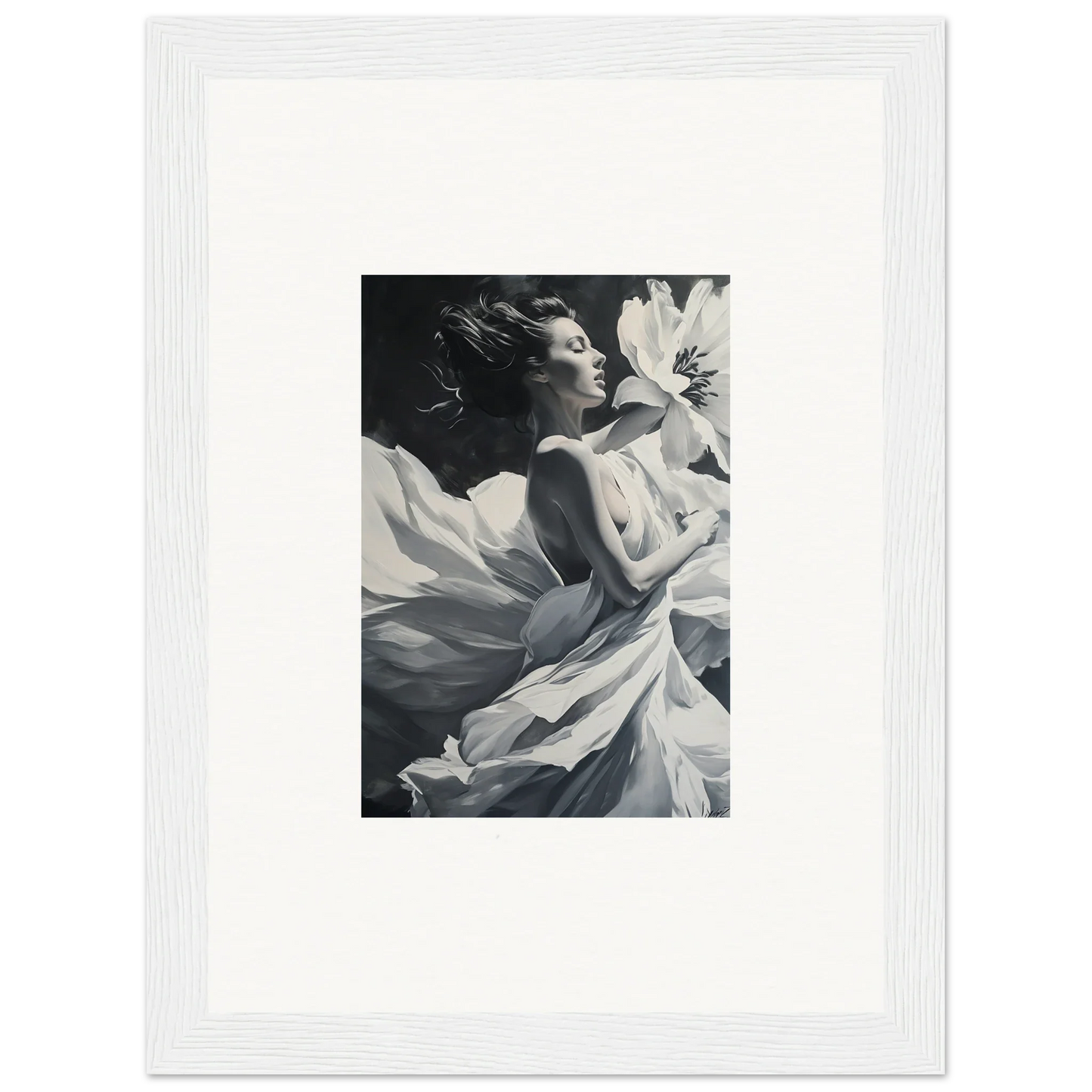 Black and white photograph of a figure in flowing fabric, ideal for Blush Reverie wall art