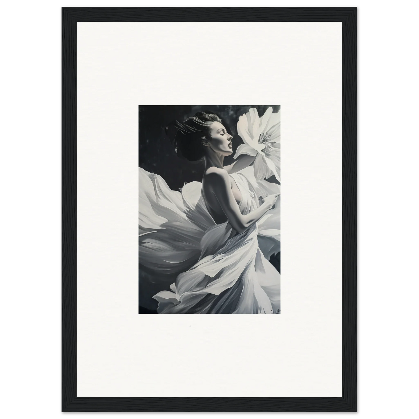 Black and white photo of a person in flowing fabric for dreamy room decor and wall art