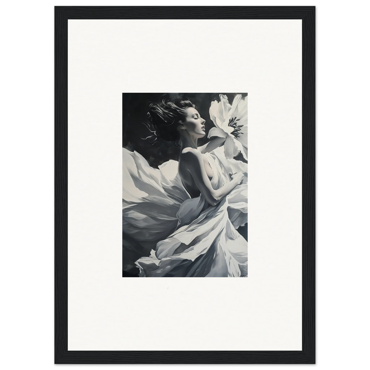 Dynamic black and white fabric portrait for Blush Reverie framed wall art decor