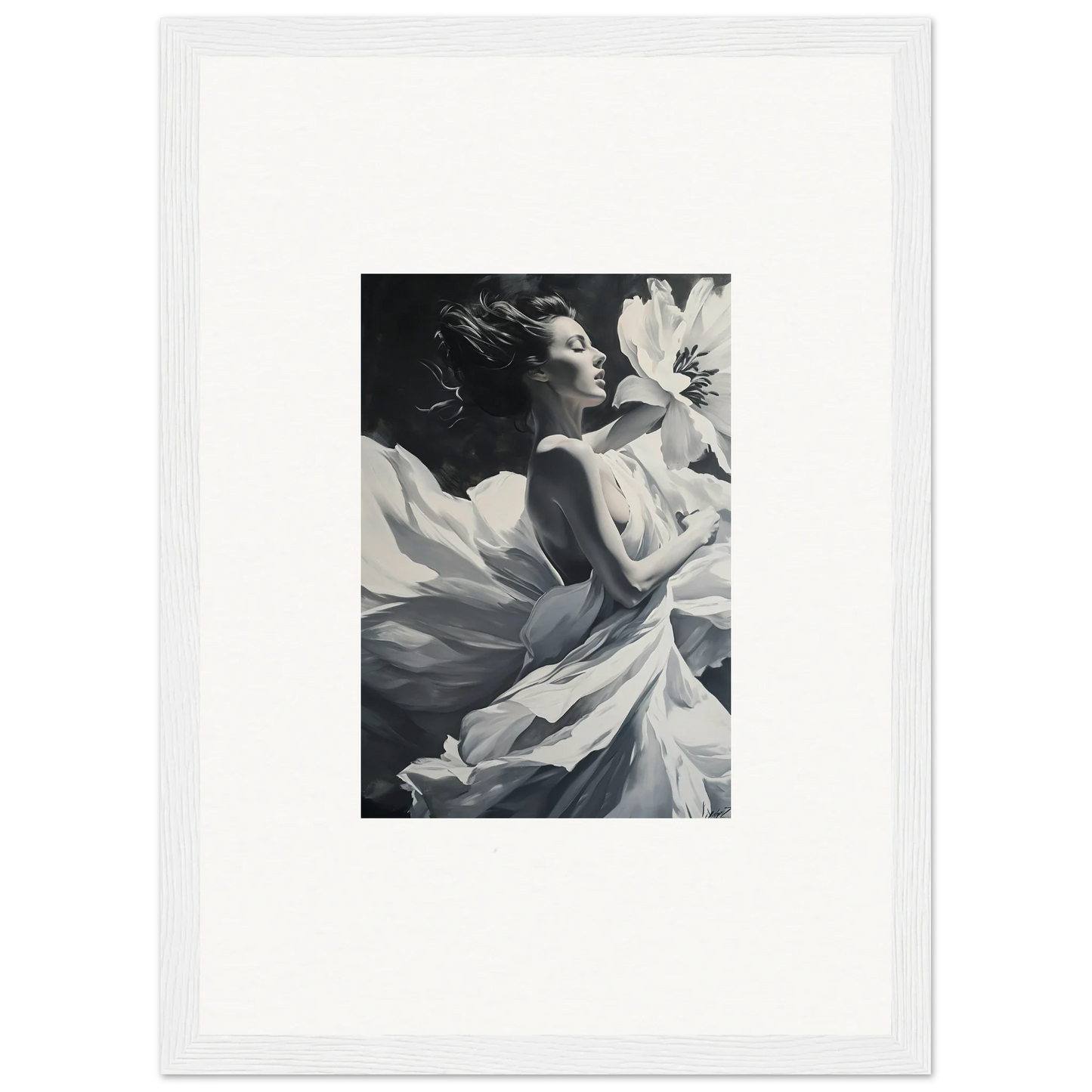 Dynamic black and white photo of a person with flowing fabric, blush reverie wall art