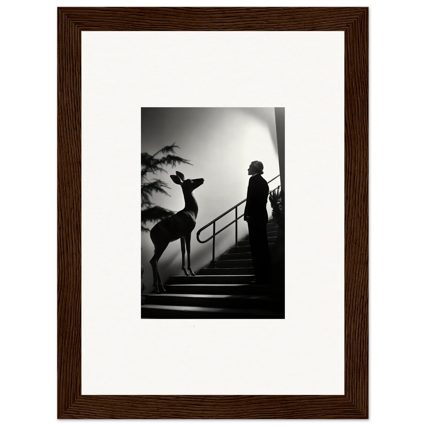 Black and white photograph of a silhouetted person and deer on stairs.