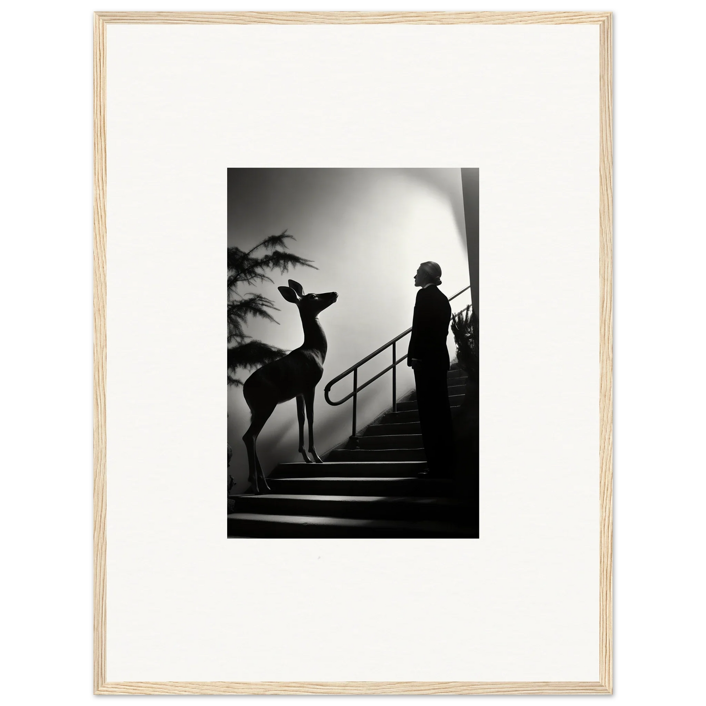 Black and white photograph of a silhouetted figure and deer on stairs.