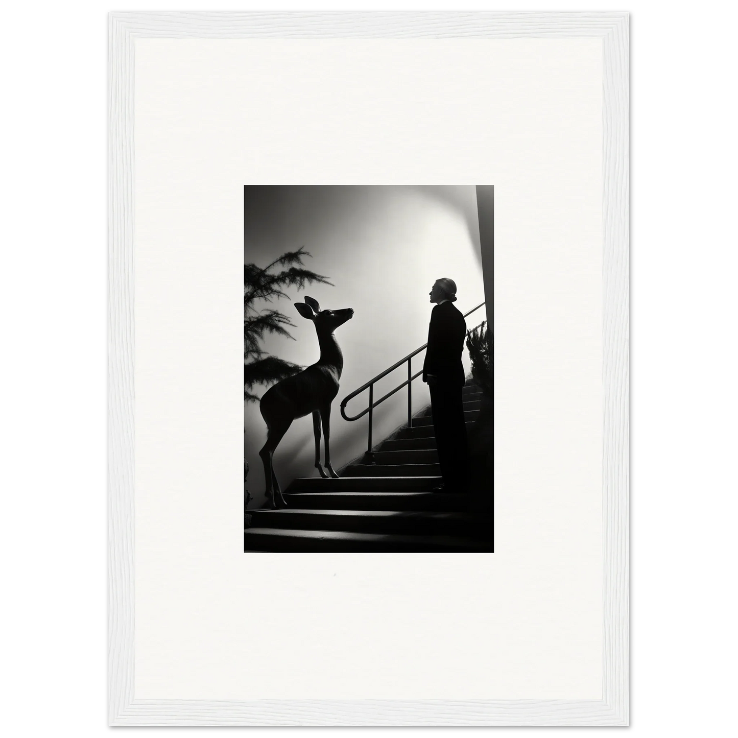 Black and white photograph of a silhouetted figure and deer on stairs.