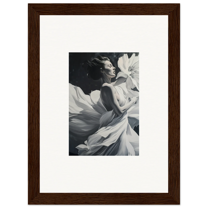 Black and white photograph of a woman gracefully moving in flowing fabric for dreams blossom room decor