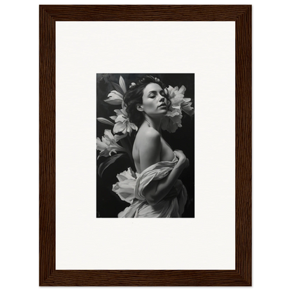 Black and white photograph of a woman with lilies, perfect for Vineyard Enigma room decor