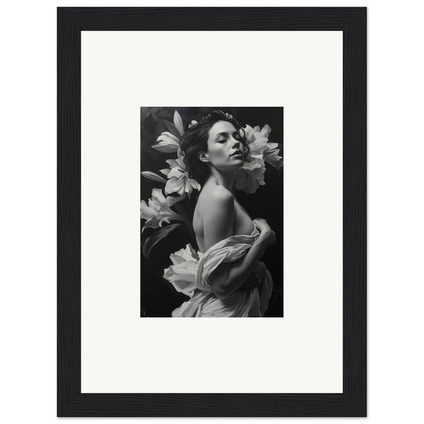 Black and white photograph of a woman with lilies, elegant framed wall art for room decor