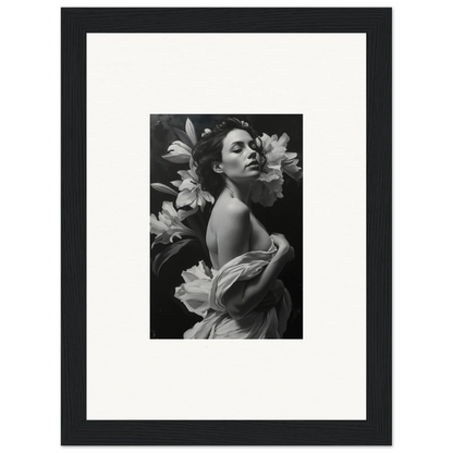 Black and white photograph of a woman with lilies, elegant framed wall art for room decor