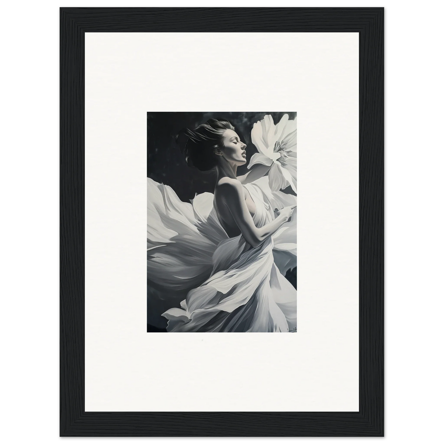 Black and white photo of a woman in flowing fabric, perfect for dreams blossom room decor