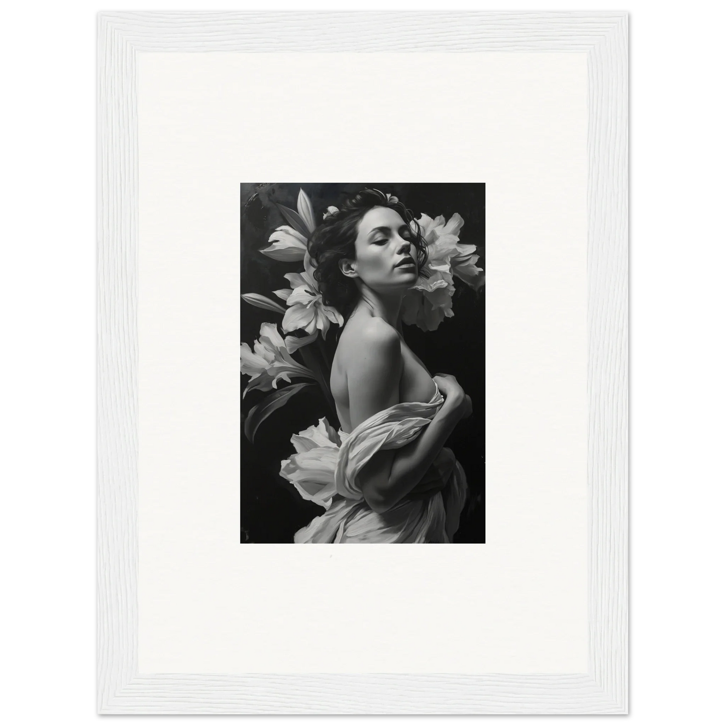 Black and white photograph of a woman with lilies, perfect for Vineyard Enigma room decor