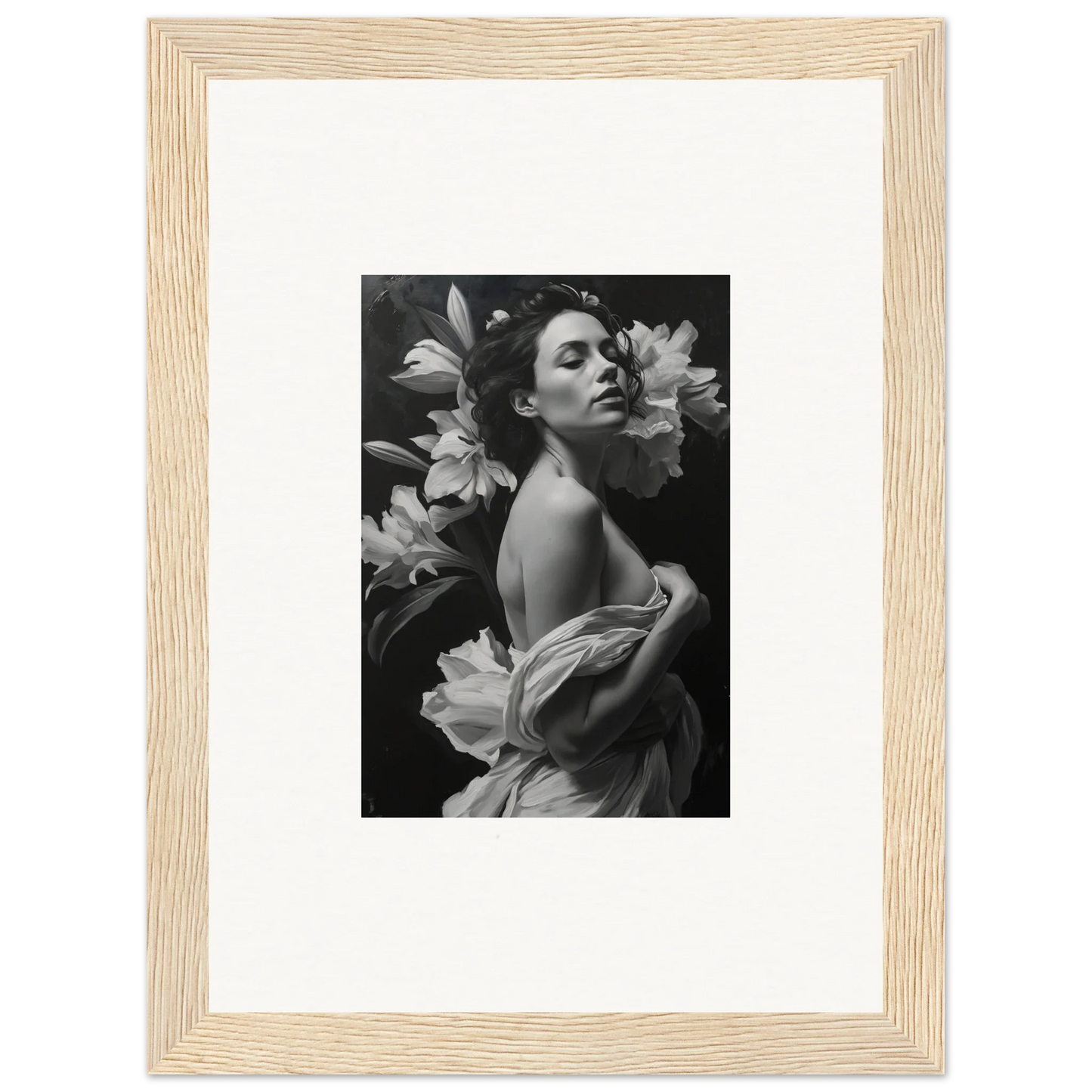 Black and white woman surrounded by lilies in framed wall art for Blooming Vineyard Enigma