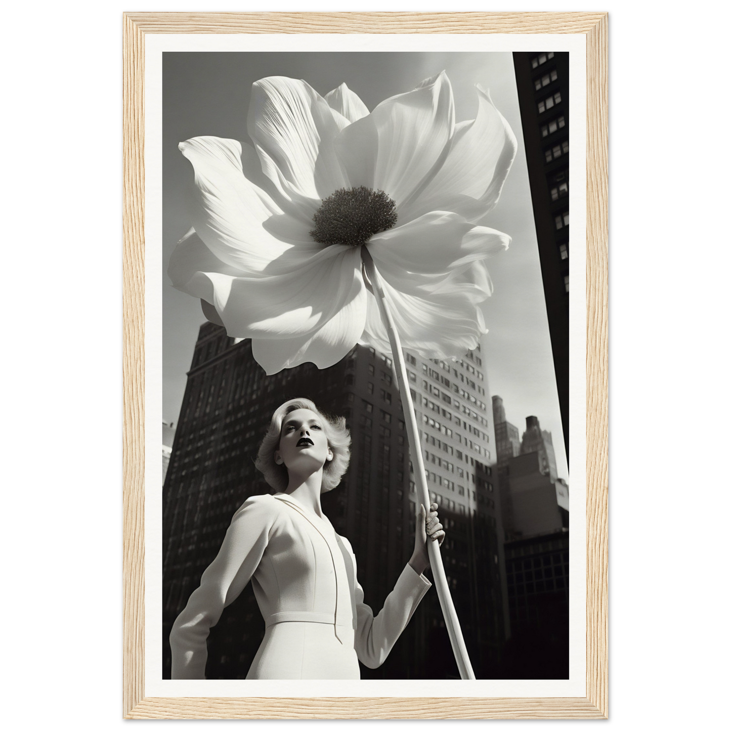 A black and white photograph of a woman holding a large flower