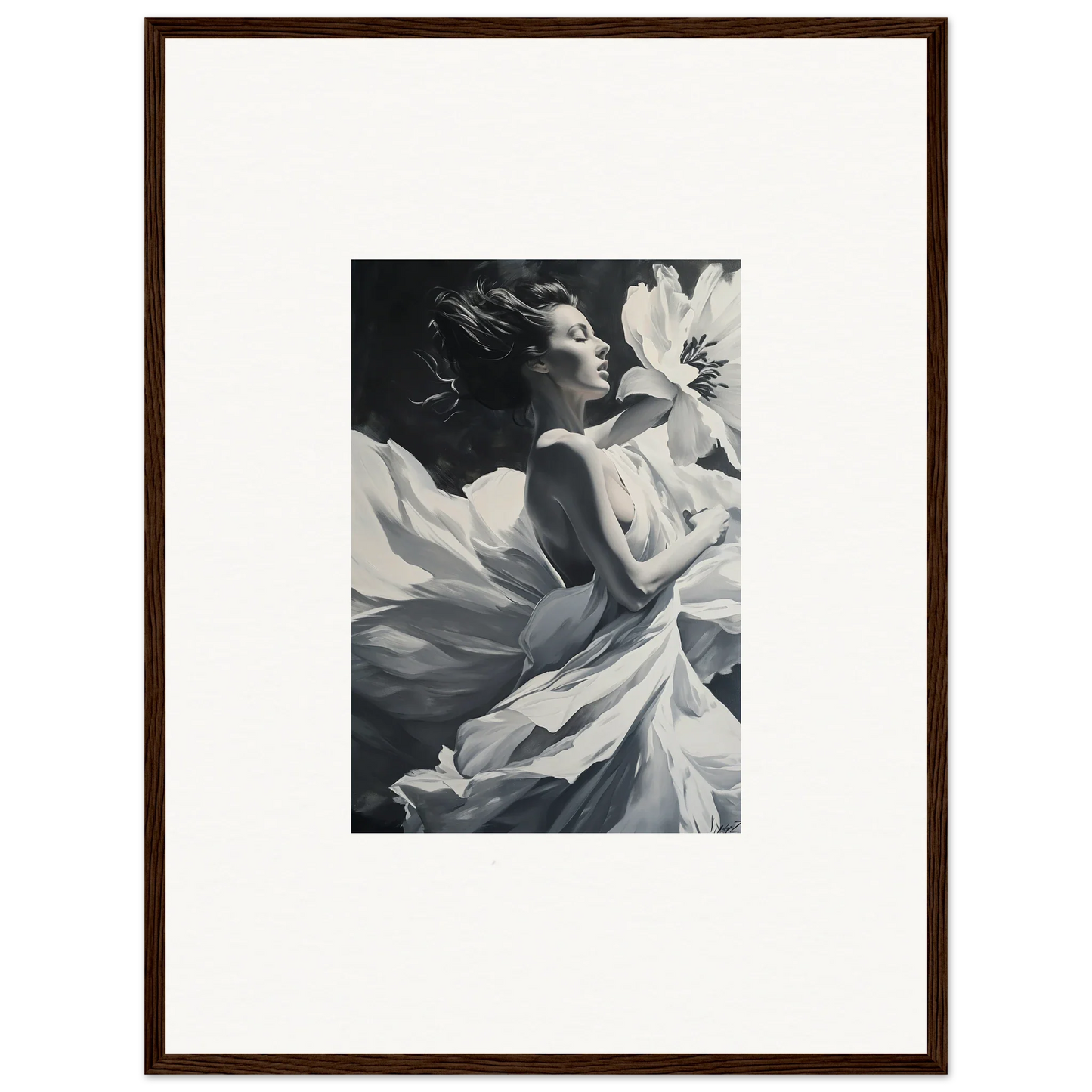 Black and white image of a woman in flowing fabric for Blush Reverie wall art