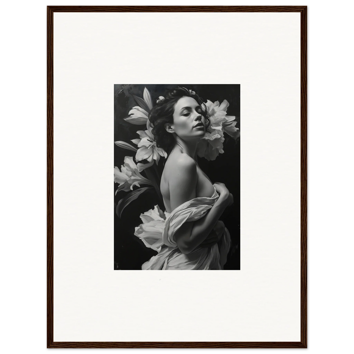 Black and white photograph of a woman with large flowers, framed wall art for room decor