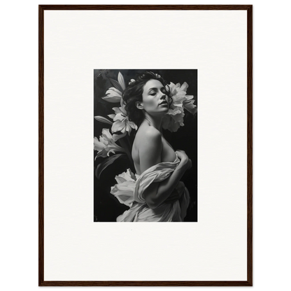 Black and white photograph of a woman with large flowers, framed wall art for room decor