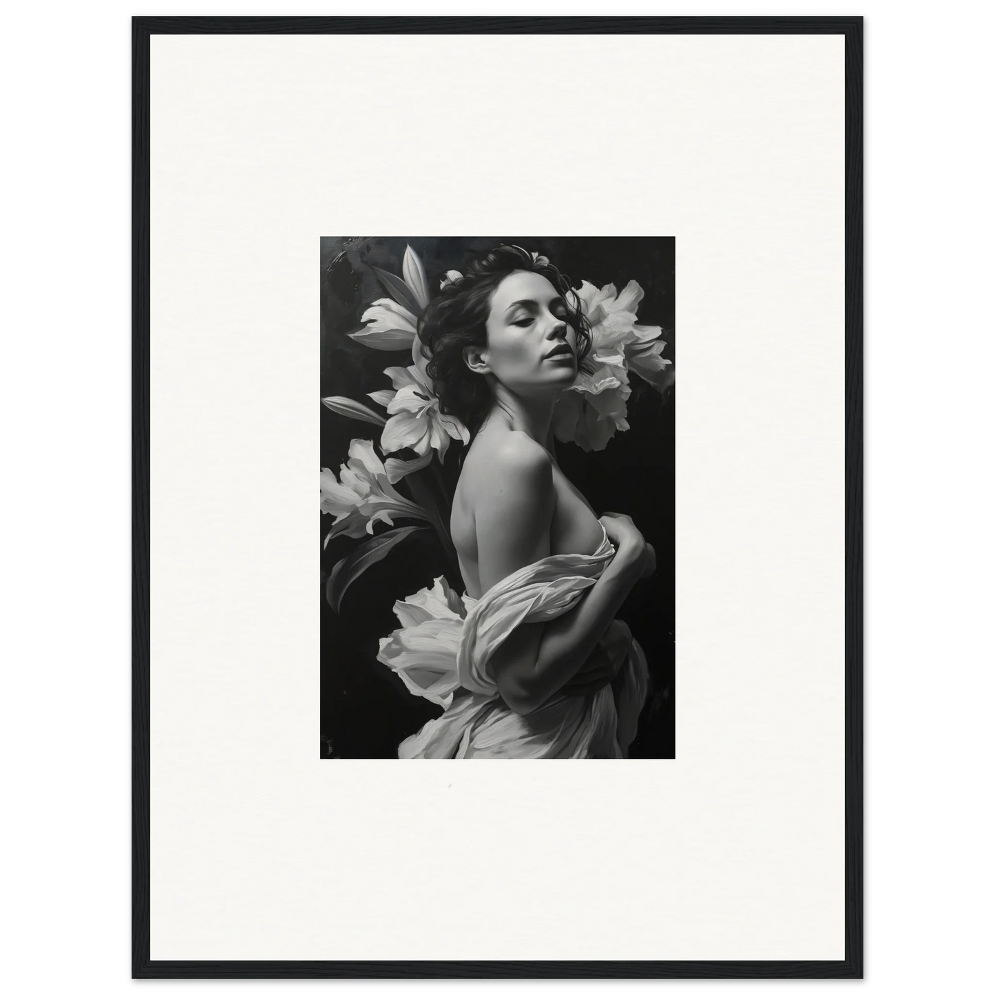 Black and white photograph of a woman among lilies, perfect for Vineyard Enigma room decor