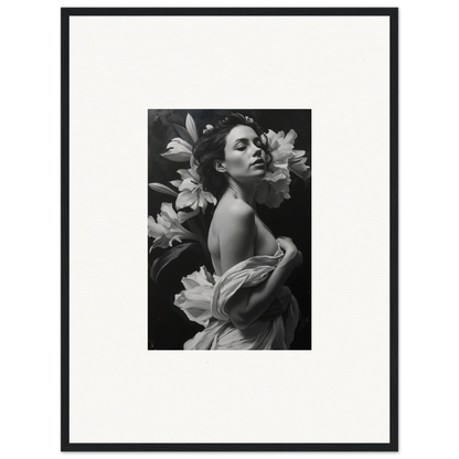 Black and white photograph of a woman among lilies, perfect for Vineyard Enigma room decor