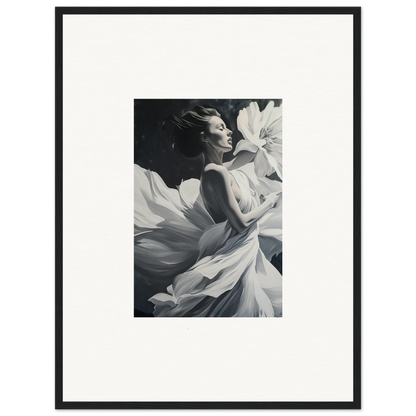 Black and white image of a woman in flowing white fabric for room decor and dreams blossom