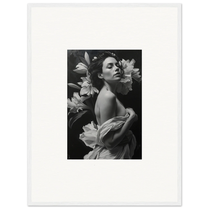 Black and white photograph of a woman with flowers for vineyard enigma wall art