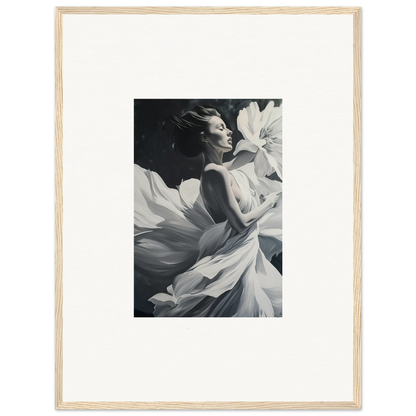 Black and white photo of a woman in white fabric, perfect for dreams blossom wall art