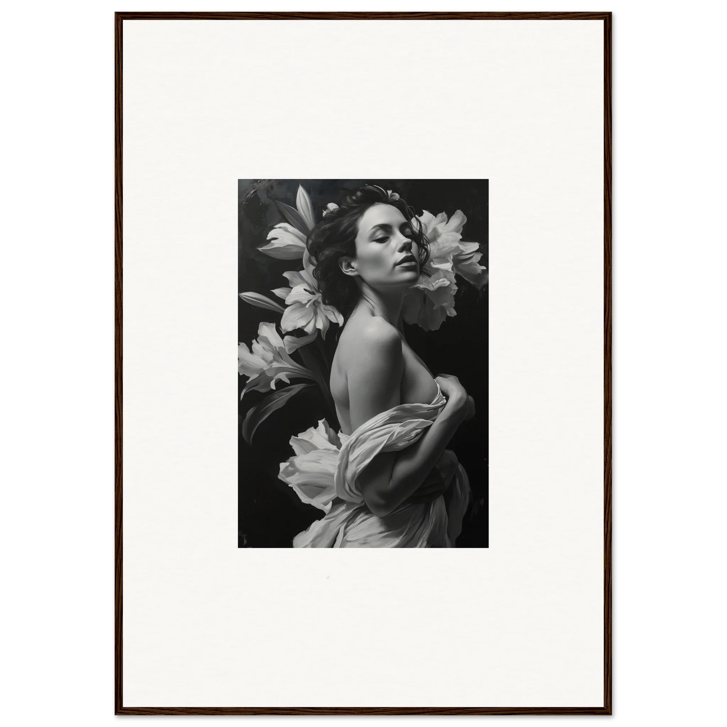 Black and white photo of a woman with flowers for Vineyard Enigma framed wall art