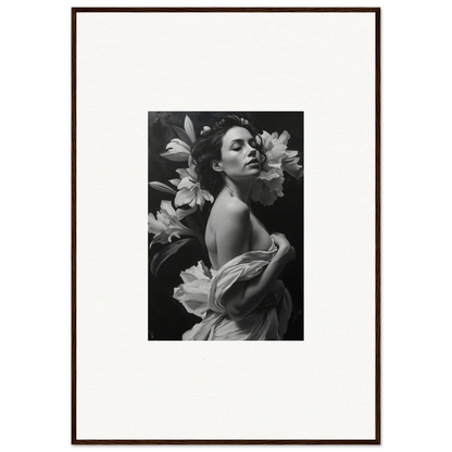 Black and white photo of a woman with flowers for Vineyard Enigma framed wall art