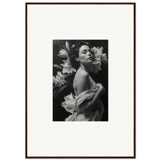 Black and white photo of a woman with flowers for Vineyard Enigma framed wall art