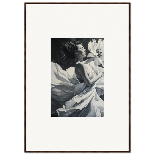 Black and white photo of a woman with flowing fabric, perfect for Blush Reverie wall art