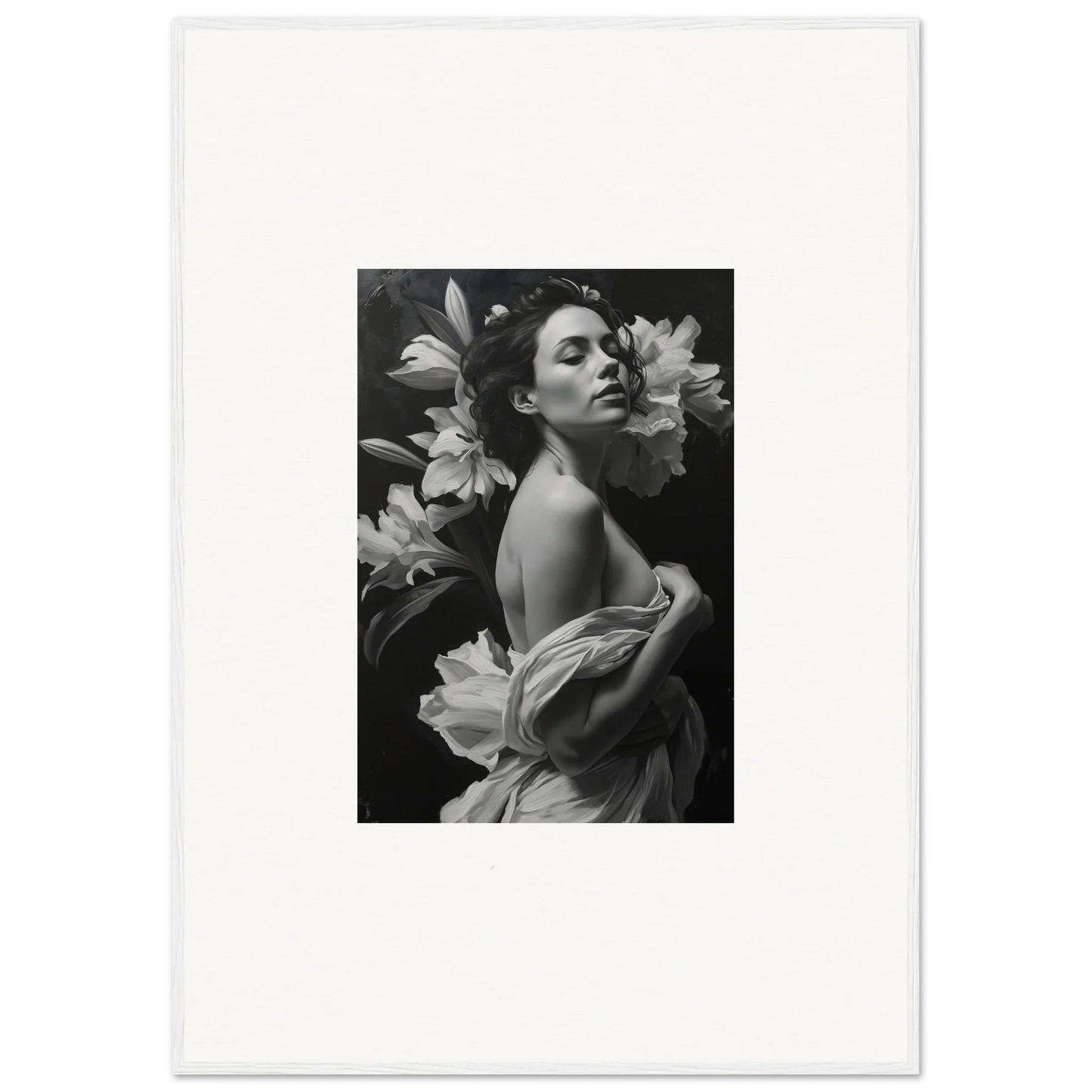 Black and white photo of a woman with lilies for Vineyard Enigma room decor