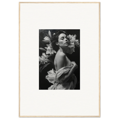 Black and white photo of a woman in large flowers for Vineyard Enigma framed wall art