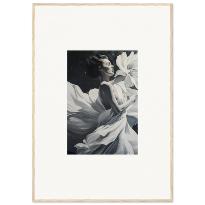 Black and white photo of a woman in flowing white fabric for Dreams Blossom room decor