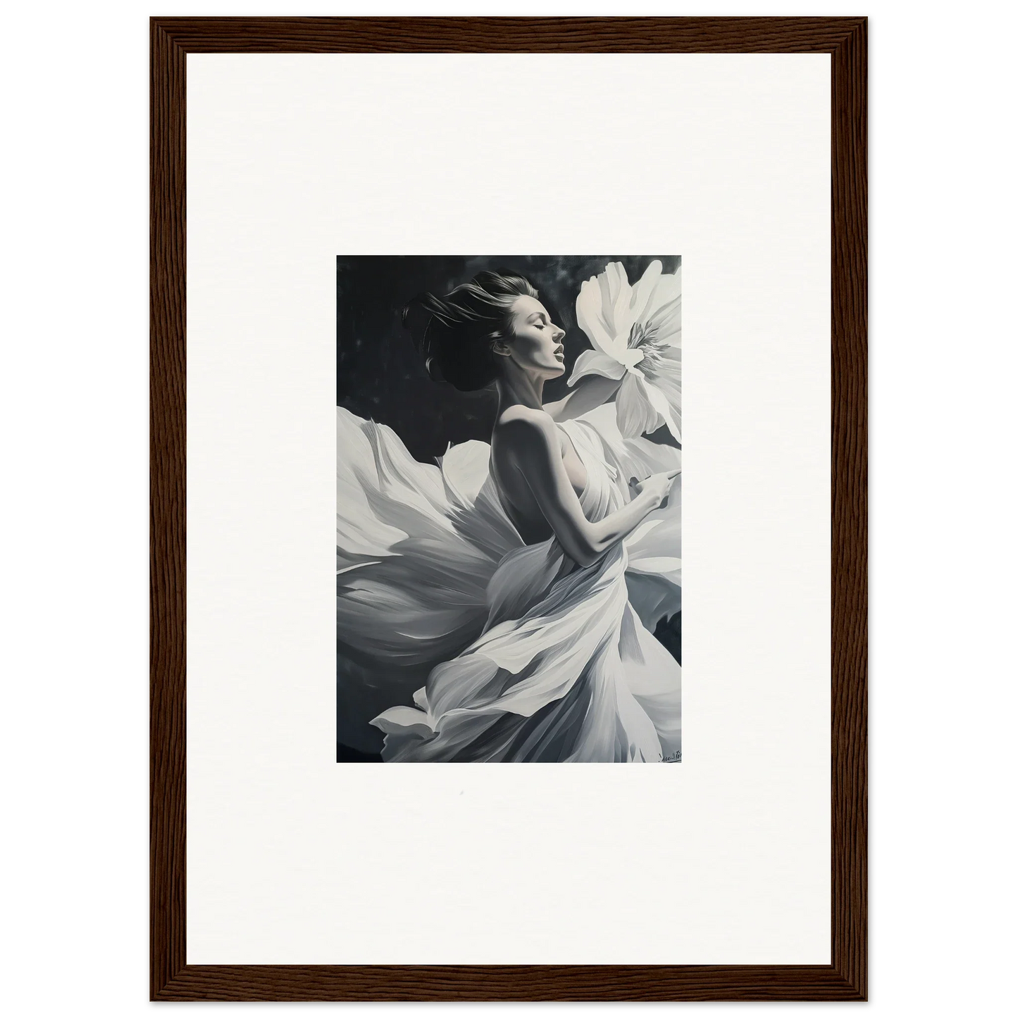 Black and white photograph of a woman in flowing white fabric for dreams blossom room decor