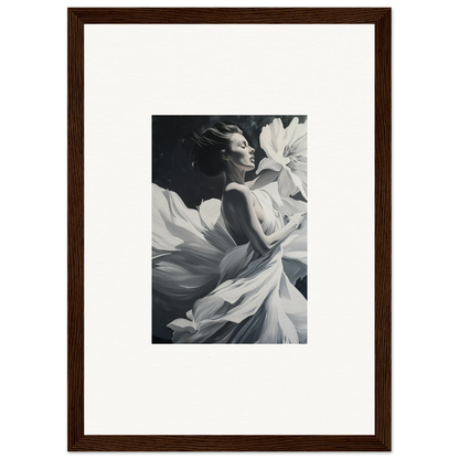 Black and white photograph of a woman in flowing white fabric for dreams blossom room decor