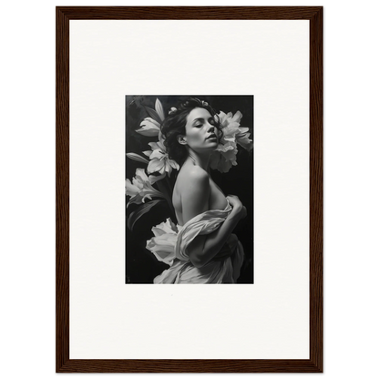 Black and white photograph of a woman with lilies for elegant room decor or framed wall art