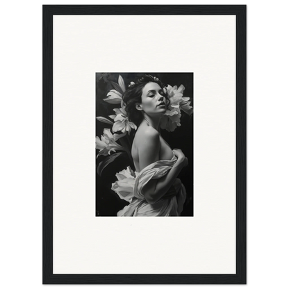 Black and white photograph of a woman among lilies for vineyard enigma room decor