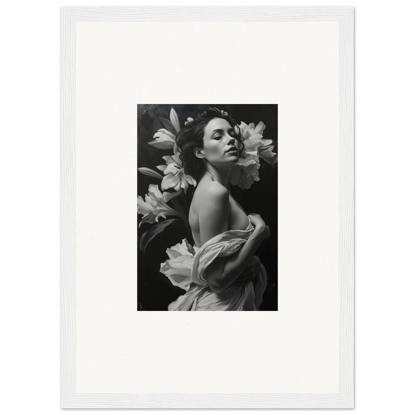 Black and white photograph of a woman with lilies for stylish Room Decor or Framed Wall Art