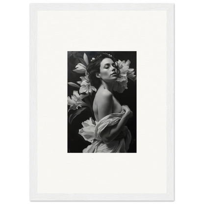 Black and white photograph of a woman with lilies for stylish Room Decor or Framed Wall Art