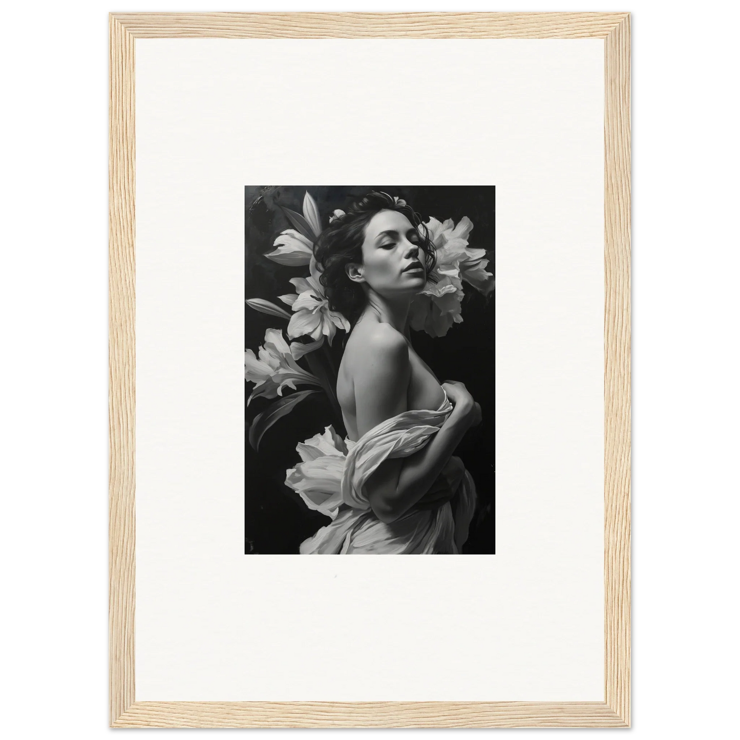 Black and white photograph of a woman with lilies in a light wooden frame for room decor