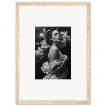 Black and white photograph of a woman with lilies in a light wooden frame for room decor