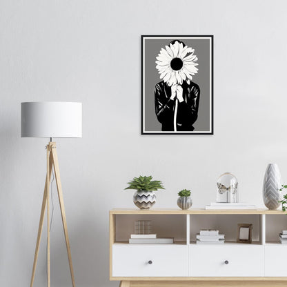 A black and white poster with a sunflower in the middle of the frame