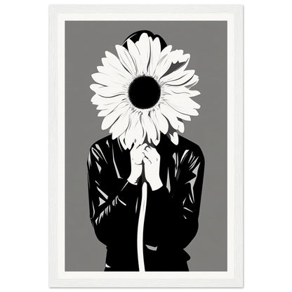 A black and white poster with a woman holding a flower