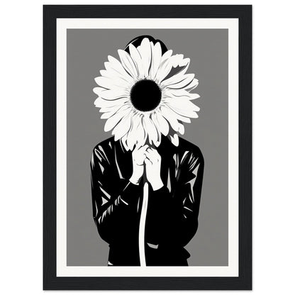 A black and white poster with a woman holding a flower