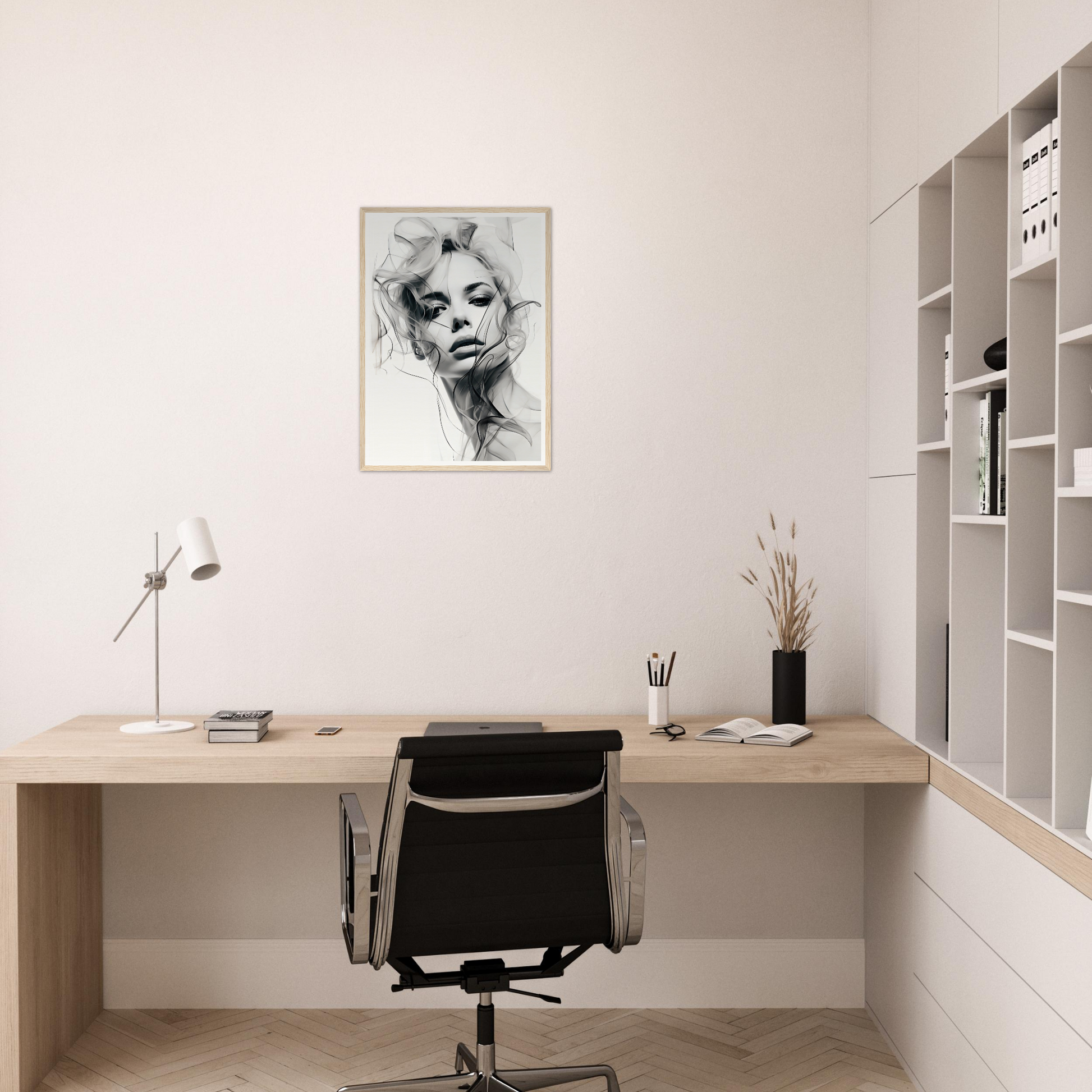 A black and white drawing of a woman’s face on a wall above a desk