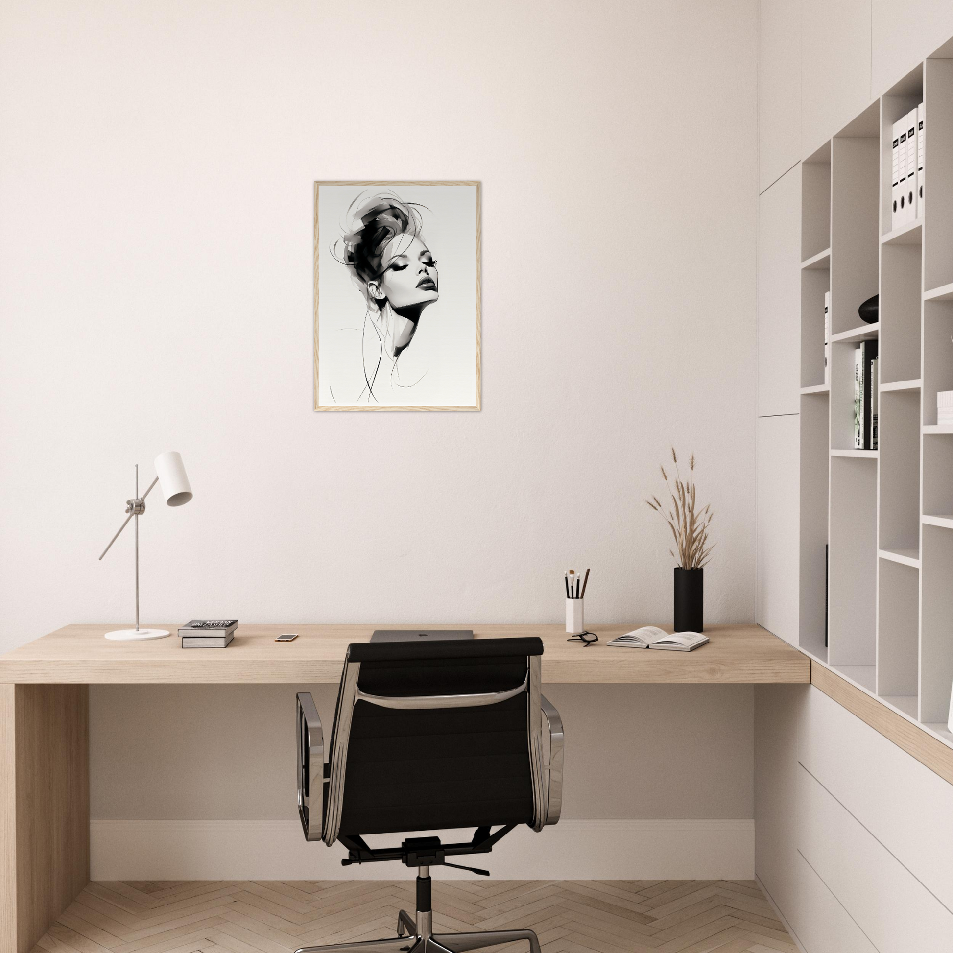 A black and white drawing of a woman’s face on a white wall above a desk