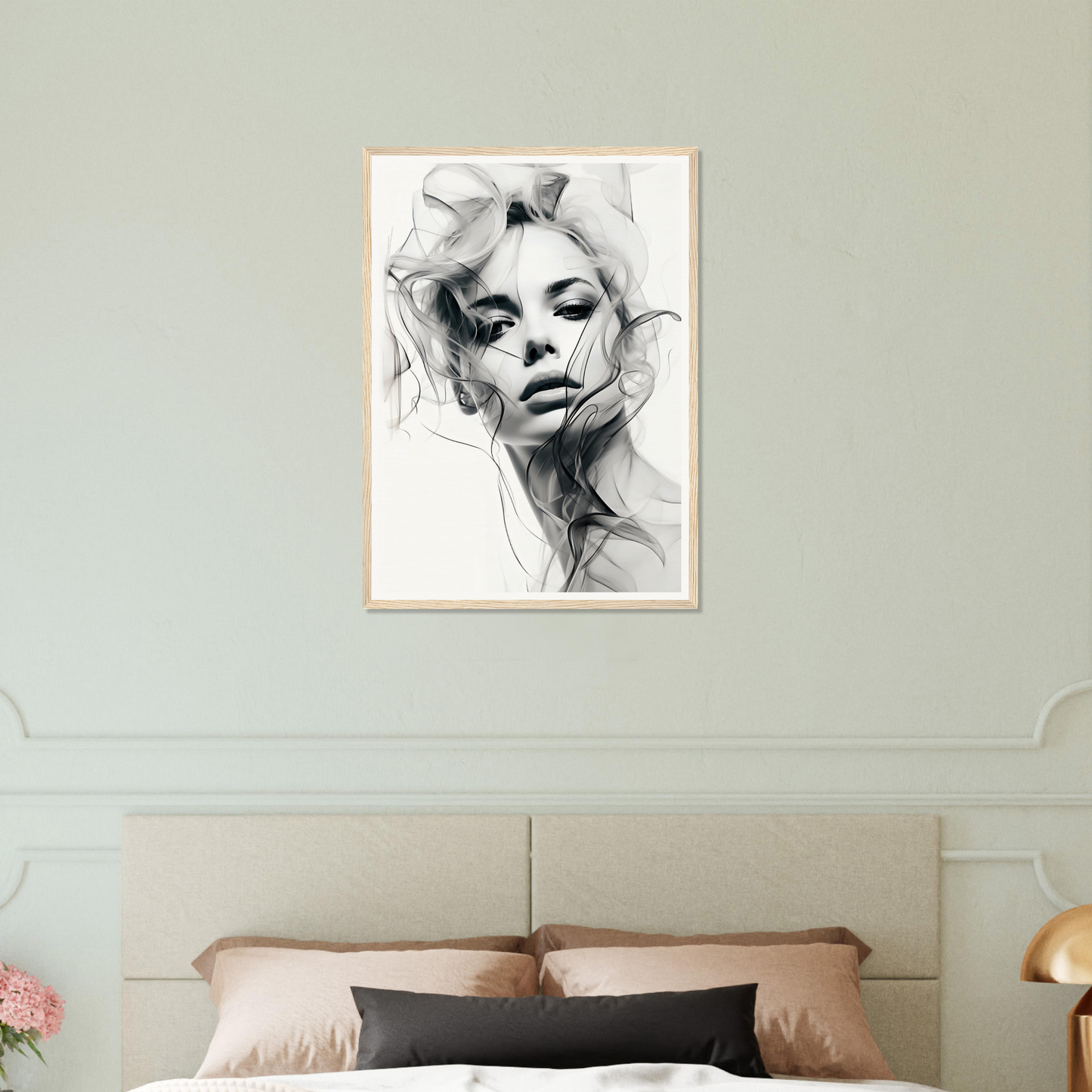 A black and white drawing of a woman’s face on a wall above a bed